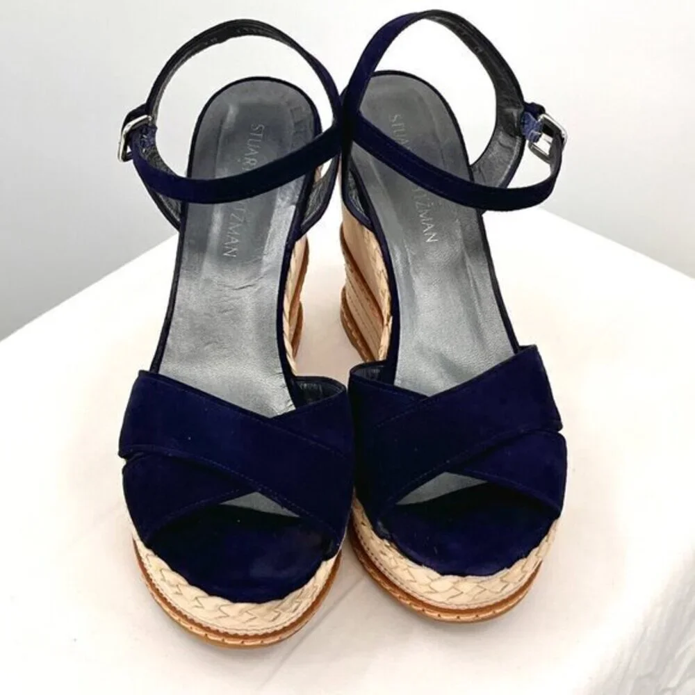 Stuart Weitzman Wedge Heeled Sandals Suede Navy Blue/Ivory 11.5 Ankle Strap Open
